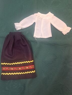 Vintage Barbie Clone Black Skirt Flower & Rick Rack Trim White + Ruffled Top